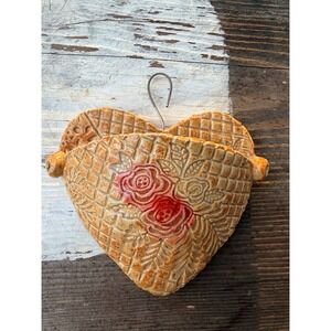 Ceramic‎ Heart Wall Pocket Vase Hanging Rose Folk Art Textured